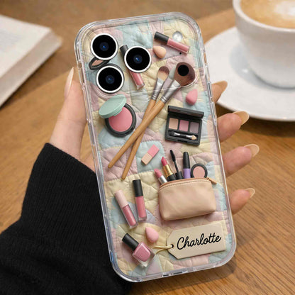 Stay Fabulous Daily Makeup Essentials And Cosmetic Bag On Quilt