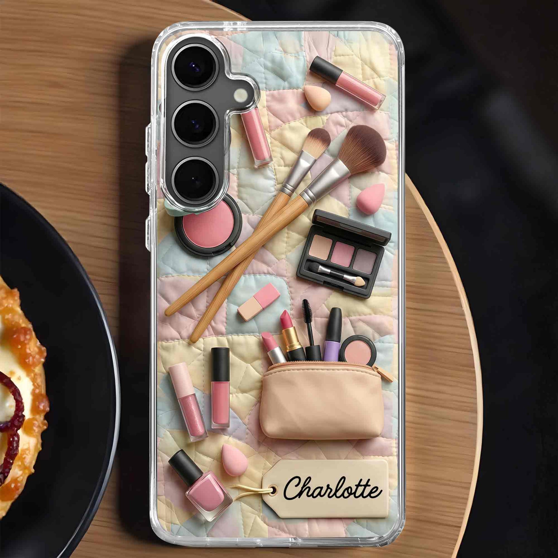 Stay Fabulous Daily Makeup Essentials And Cosmetic Bag On Quilt