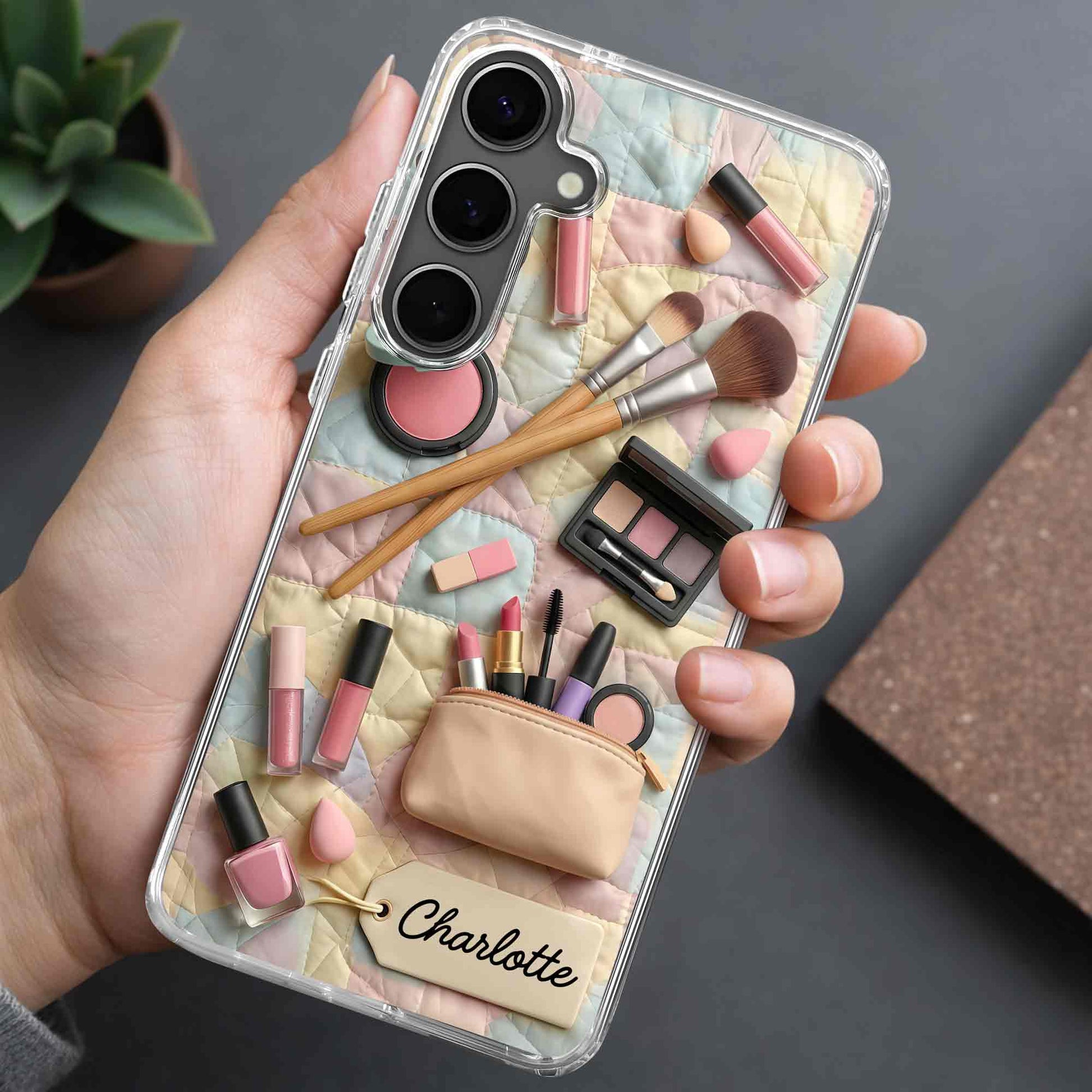 Stay Fabulous Daily Makeup Essentials And Cosmetic Bag On Quilt