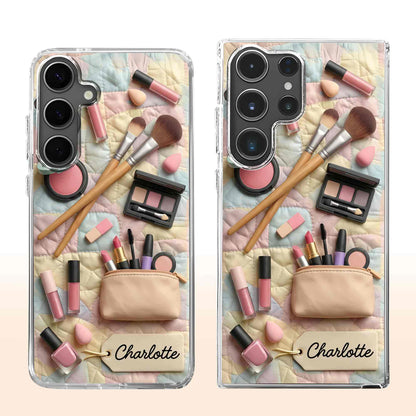 Stay Fabulous Daily Makeup Essentials And Cosmetic Bag On Quilt