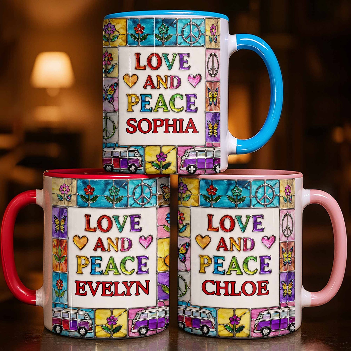 Love And Peace With Flowers Butterflies And Vintage Van Design