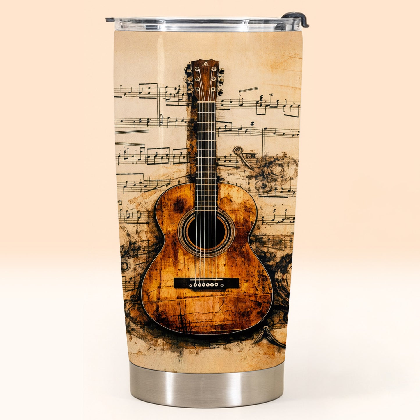 Vintage Acoustic Guitar And Musical Notes Melodic Art