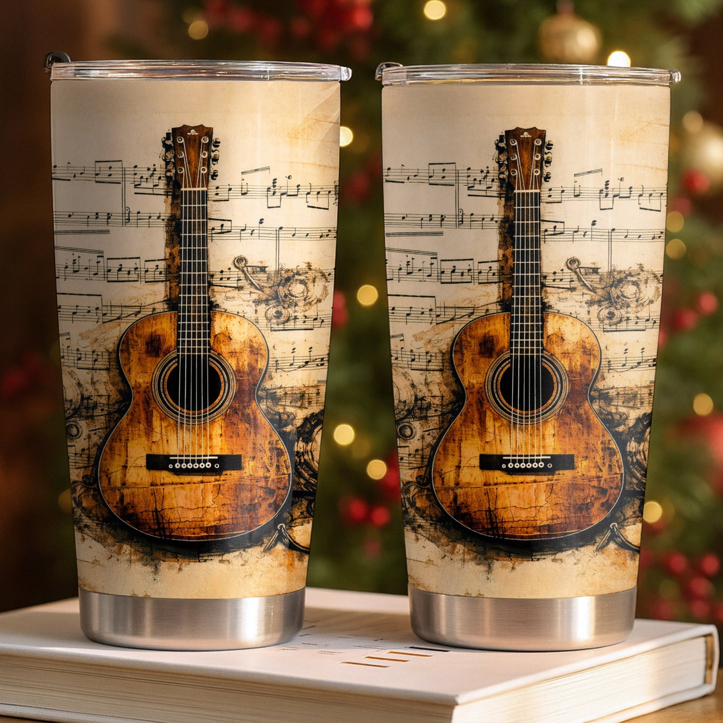 Vintage Acoustic Guitar And Musical Notes Melodic Art