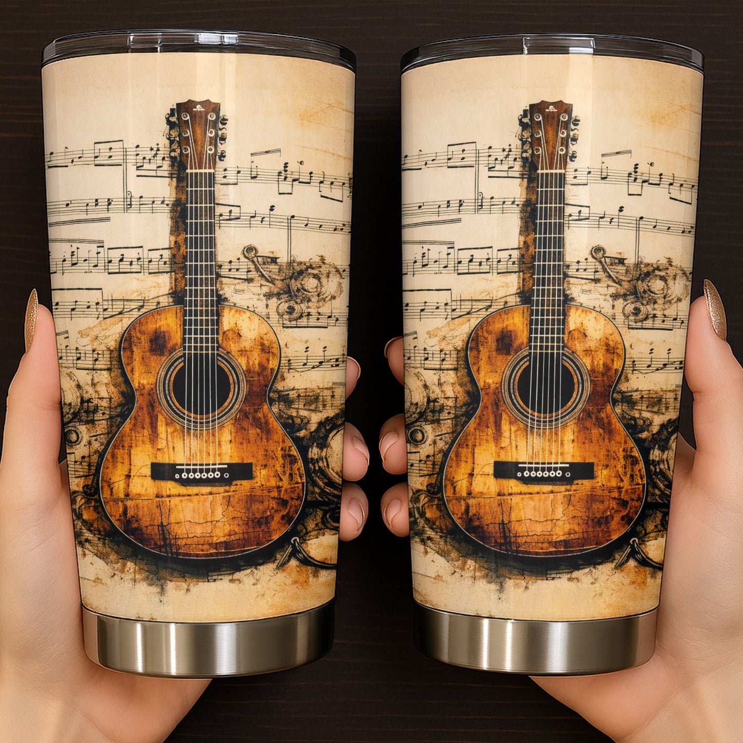 Vintage Acoustic Guitar And Musical Notes Melodic Art