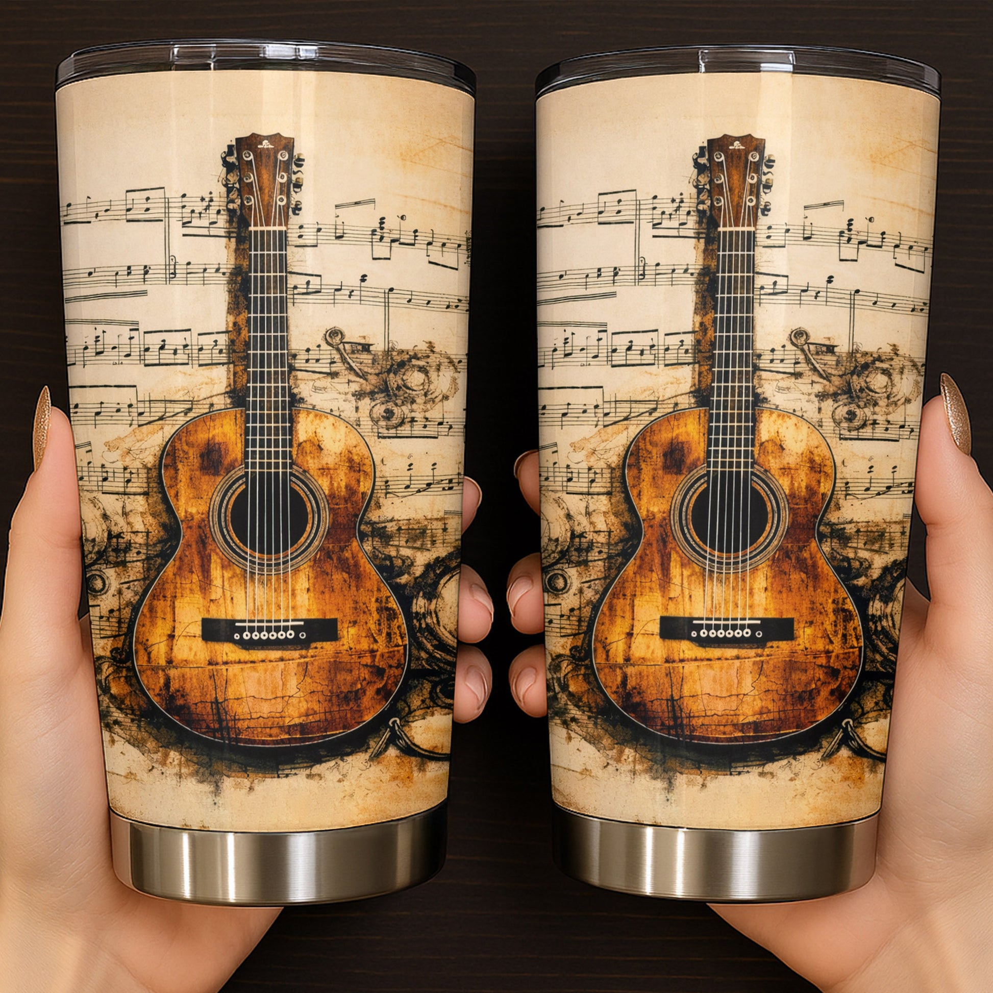 Vintage Acoustic Guitar And Musical Notes Melodic Art