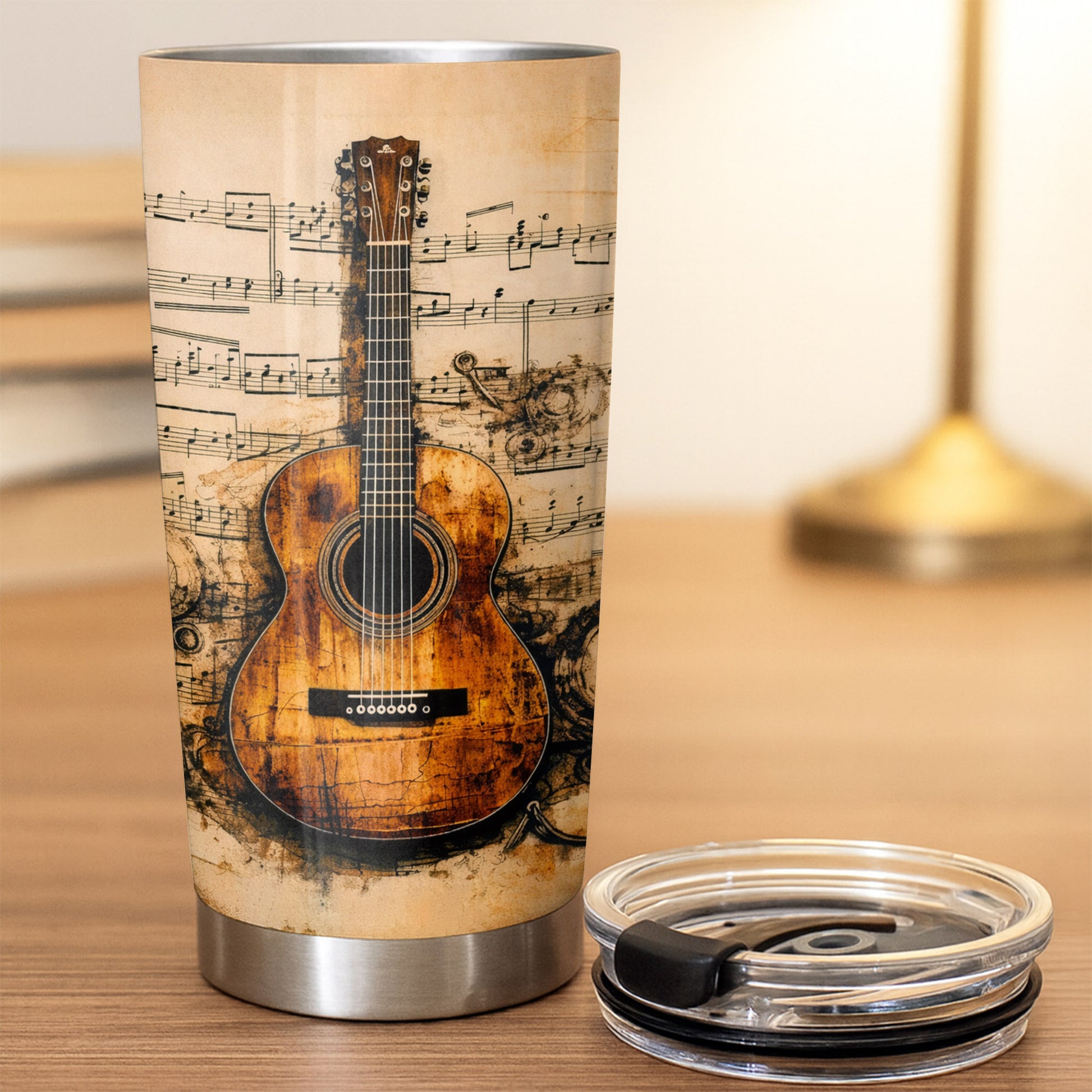 Vintage Acoustic Guitar And Musical Notes Melodic Art