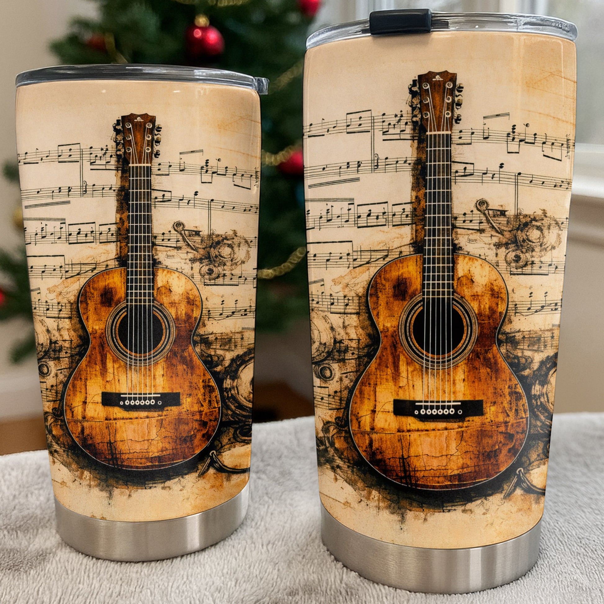 Vintage Acoustic Guitar And Musical Notes Melodic Art