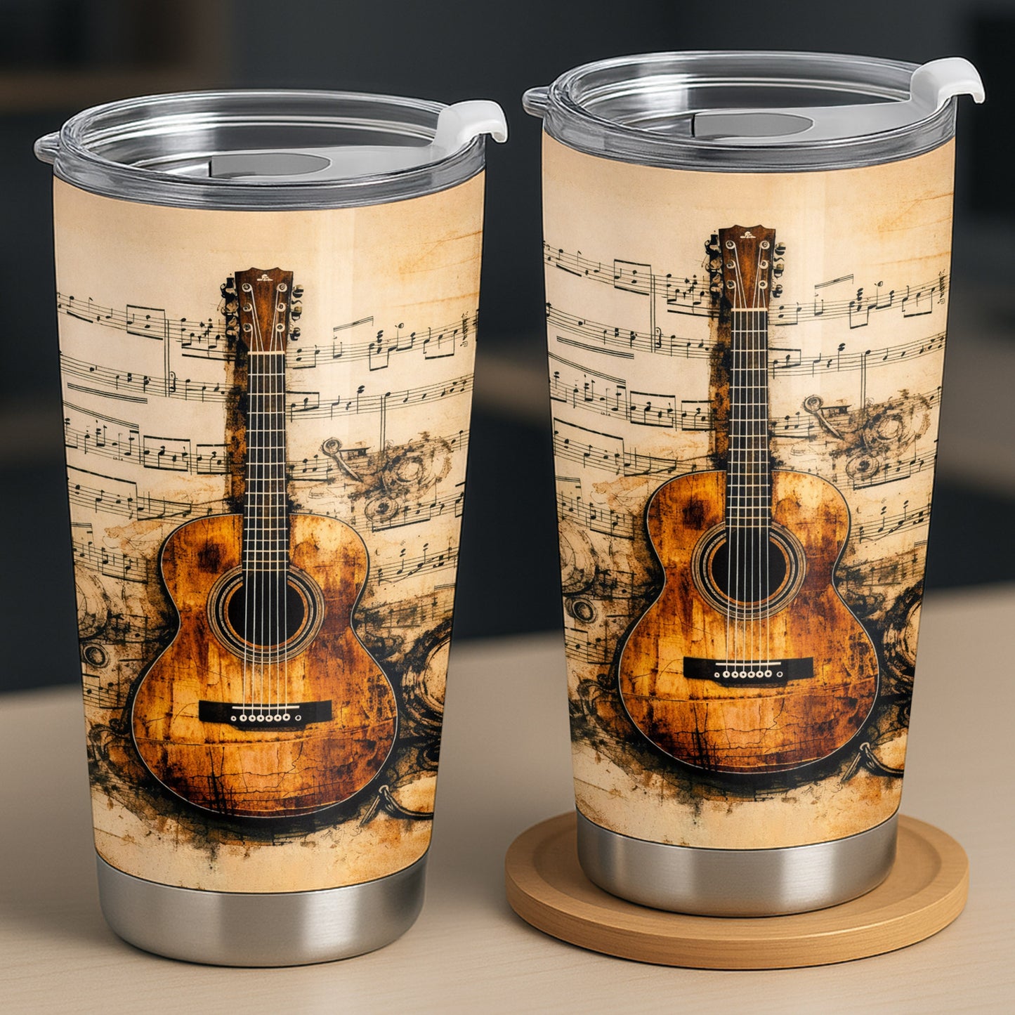 Vintage Acoustic Guitar And Musical Notes Melodic Art