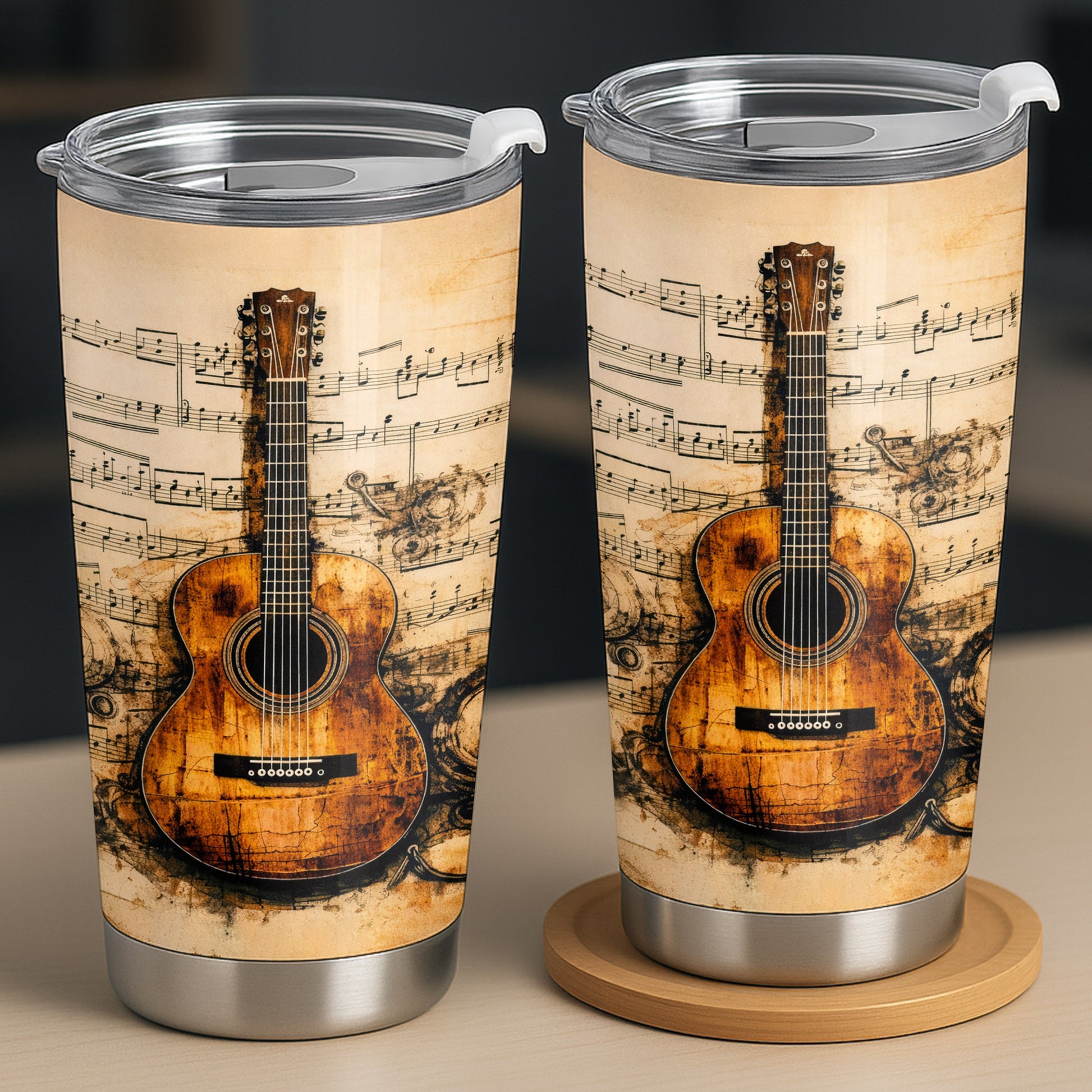 Vintage Acoustic Guitar And Musical Notes Melodic Art