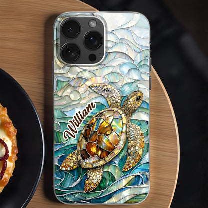 A Sea Turtle Swimming In Stained Glass Ocean Waves Design