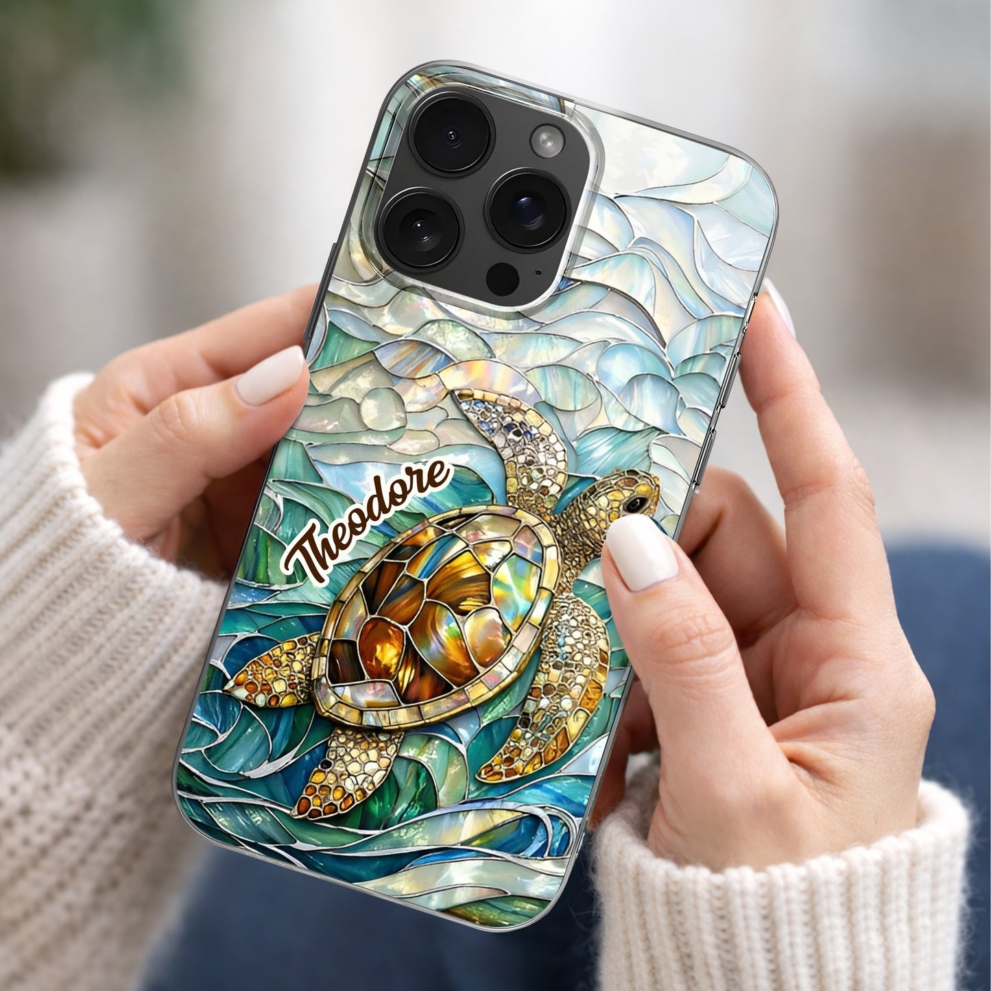 A Sea Turtle Swimming In Stained Glass Ocean Waves Design