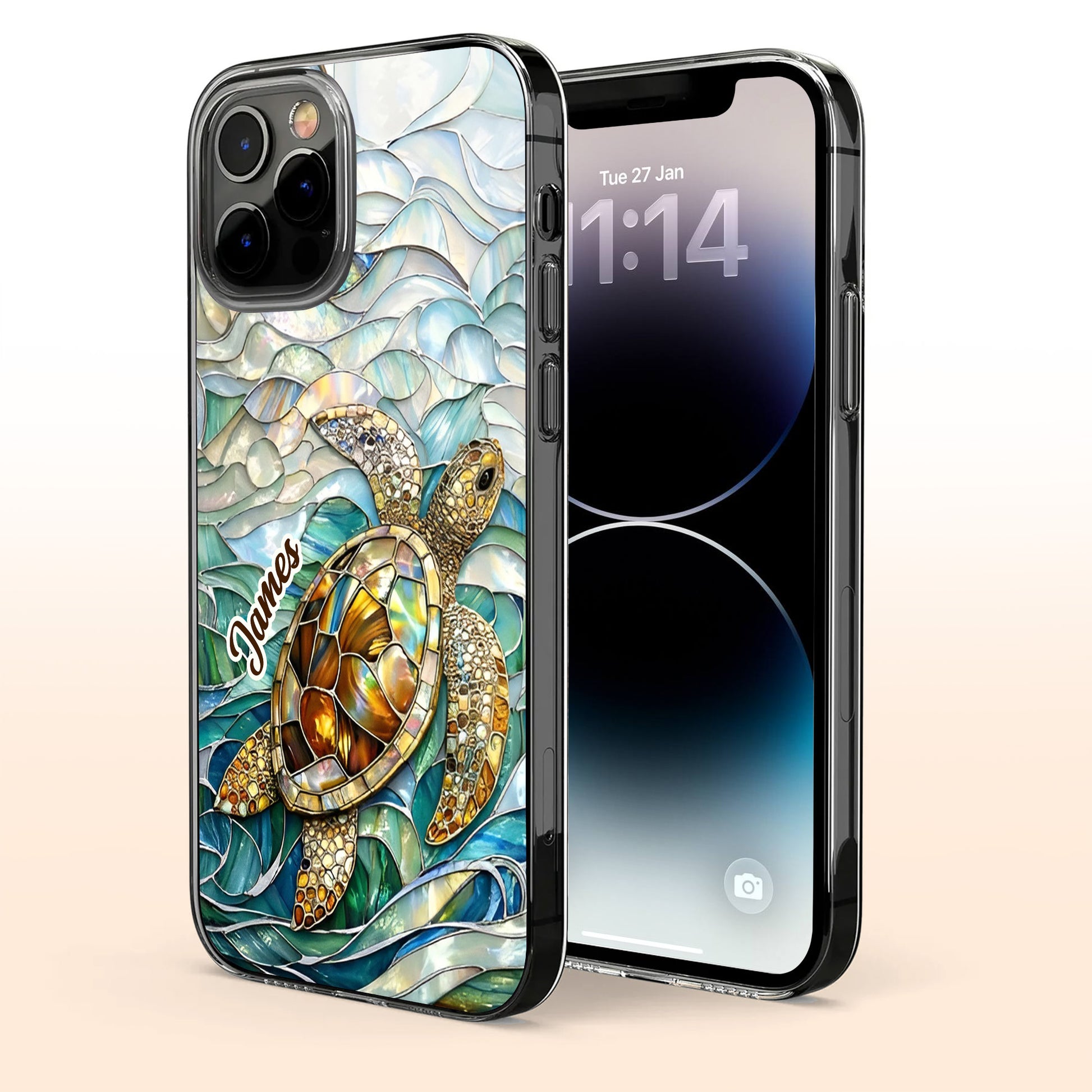 A Sea Turtle Swimming In Stained Glass Ocean Waves Design