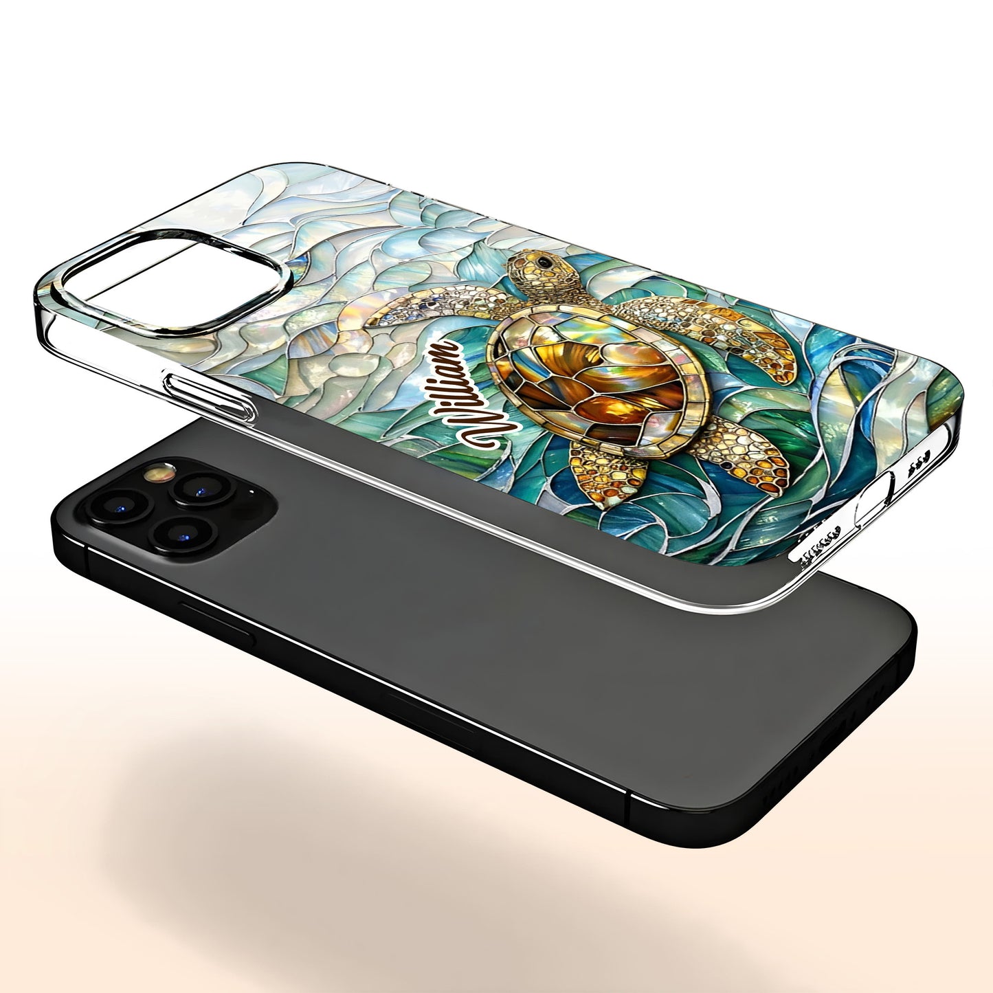 A Sea Turtle Swimming In Stained Glass Ocean Waves Design