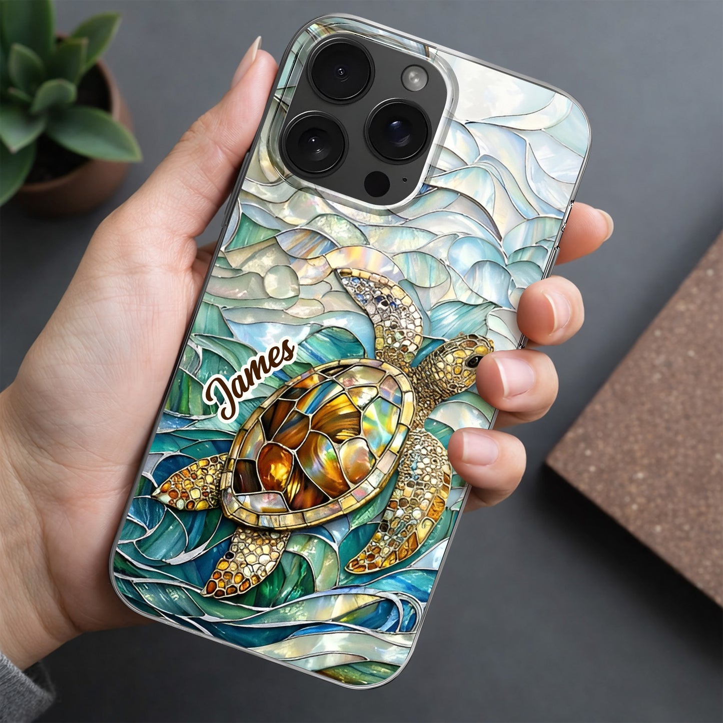 A Sea Turtle Swimming In Stained Glass Ocean Waves Design