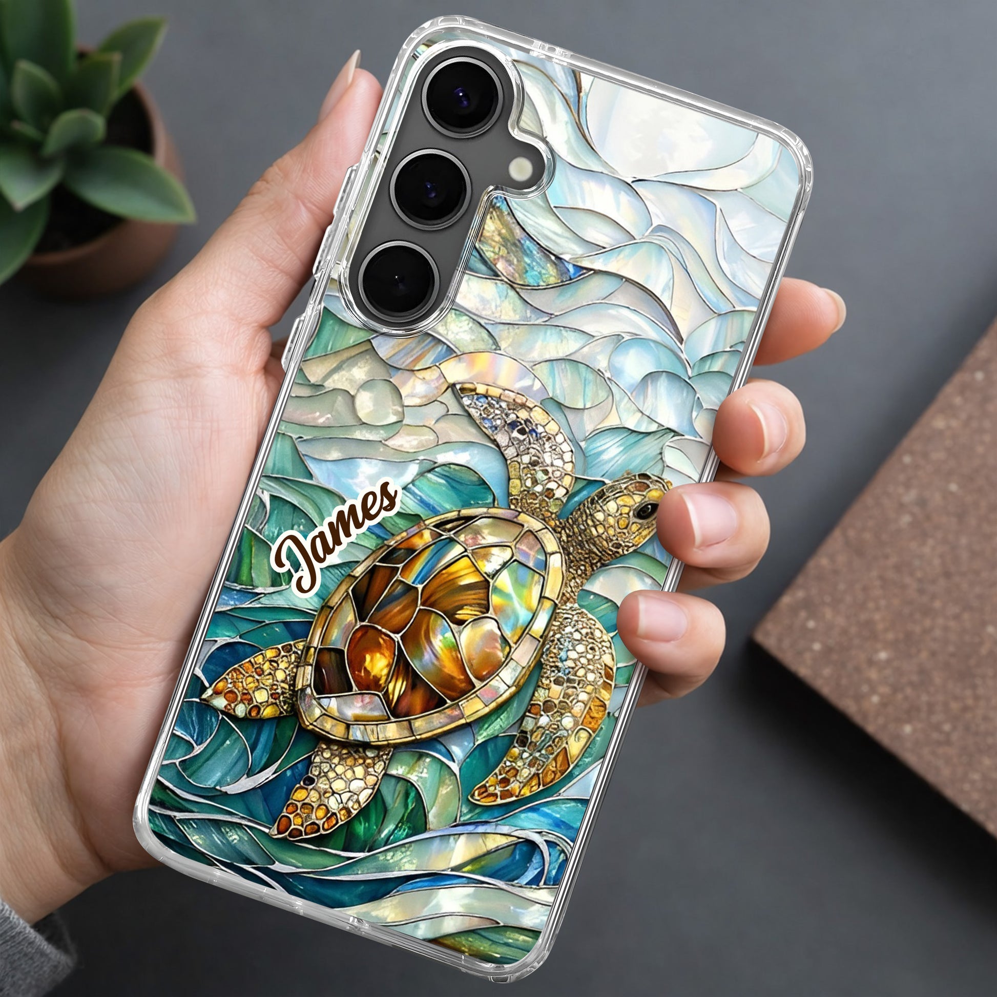 A Sea Turtle Swimming In Stained Glass Ocean Waves Design