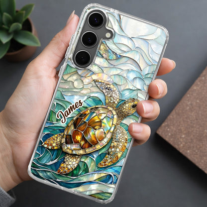 A Sea Turtle Swimming In Stained Glass Ocean Waves Design