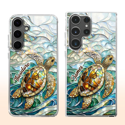 A Sea Turtle Swimming In Stained Glass Ocean Waves Design