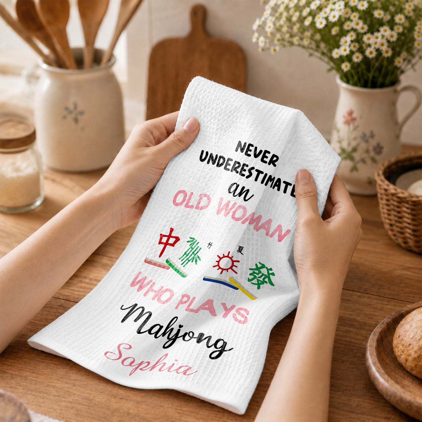 Never Underestimate An Old Woman Who Plays Mahjong With Game Tiles - Personalized Kitchen Towel - HOB317_TOWL
