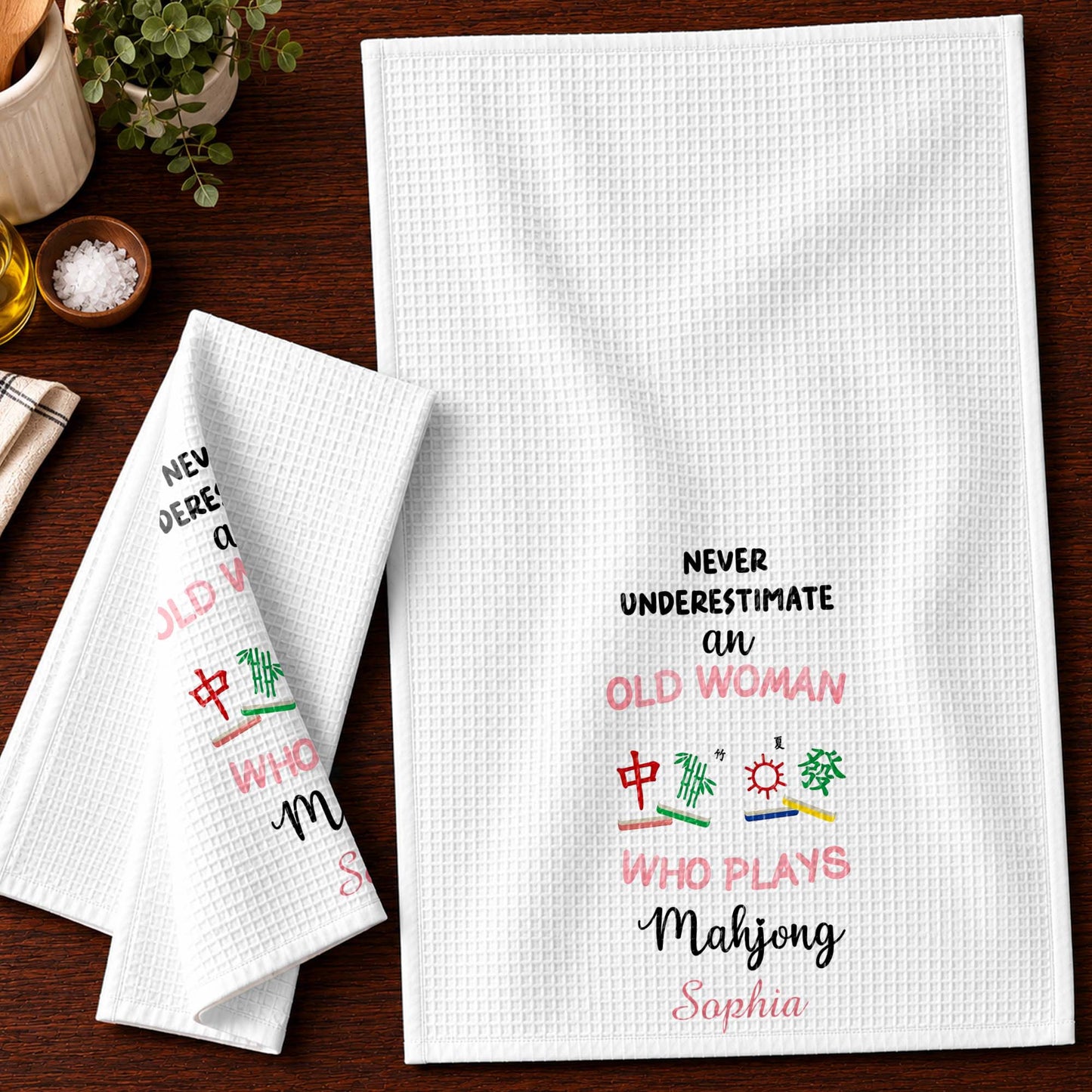 Never Underestimate An Old Woman Who Plays Mahjong With Game Tiles - Personalized Kitchen Towel - HOB317_TOWL