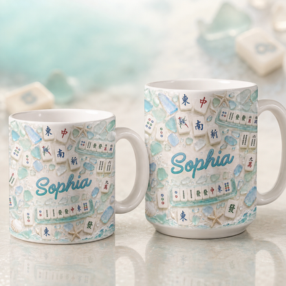Mahjong With My Girls Beach Sea Glass Tiles And Starfish - Personalized Custom Coffee Mug - HOB327_MG