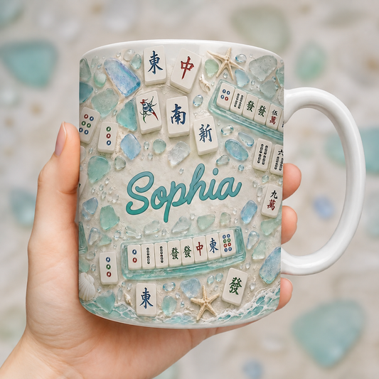 Mahjong With My Girls Beach Sea Glass Tiles And Starfish - Personalized Custom Coffee Mug - HOB327_MG