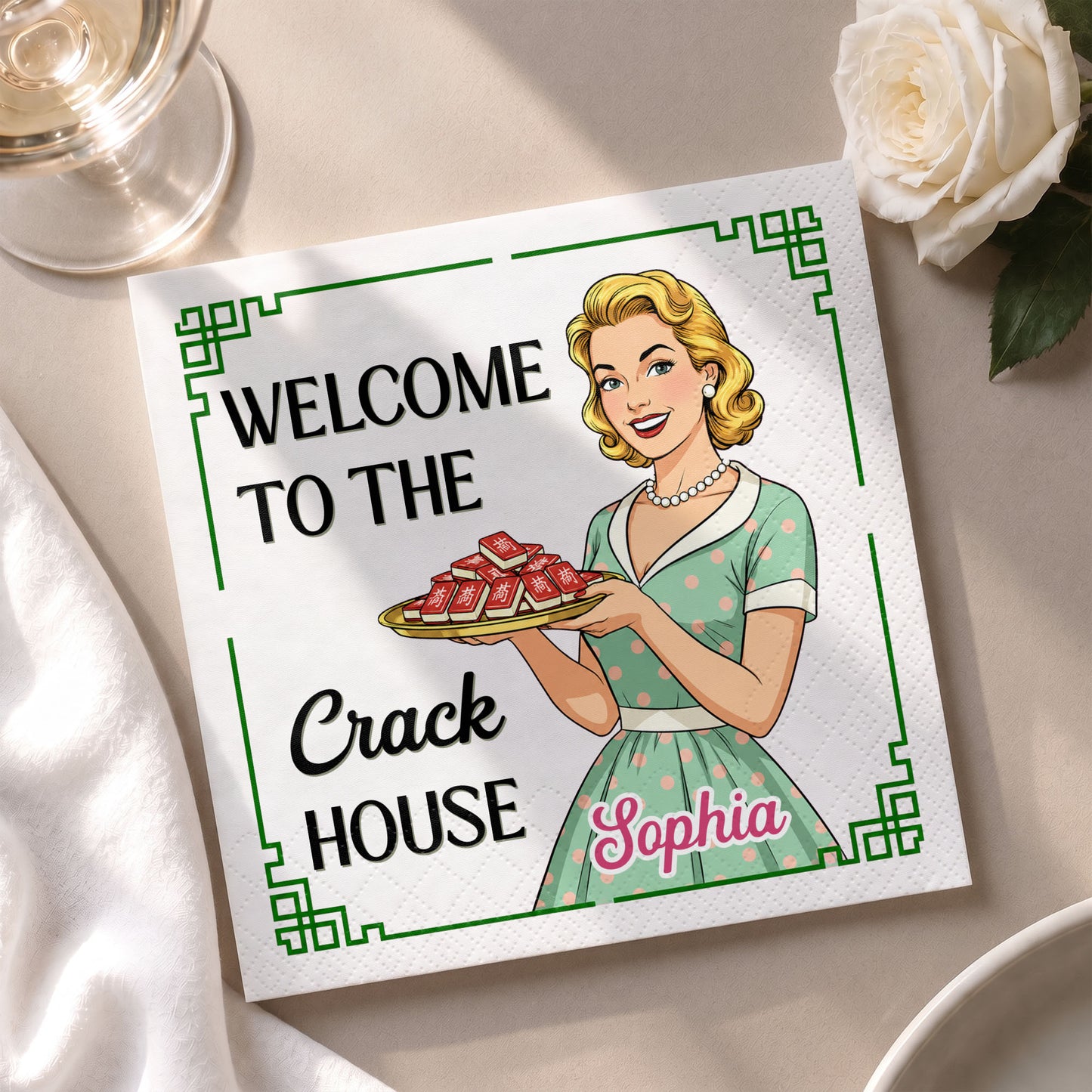 Welcome To The Crack House Retro Woman With Mahjong Tiles - Personalized Cocktail Napkins - HOB330_PENAP