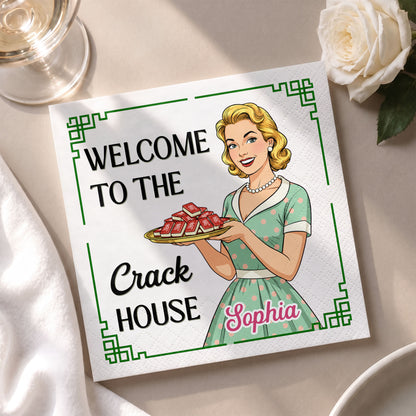 Welcome To The Crack House Retro Woman With Mahjong Tiles - Personalized Cocktail Napkins - HOB330_PENAP
