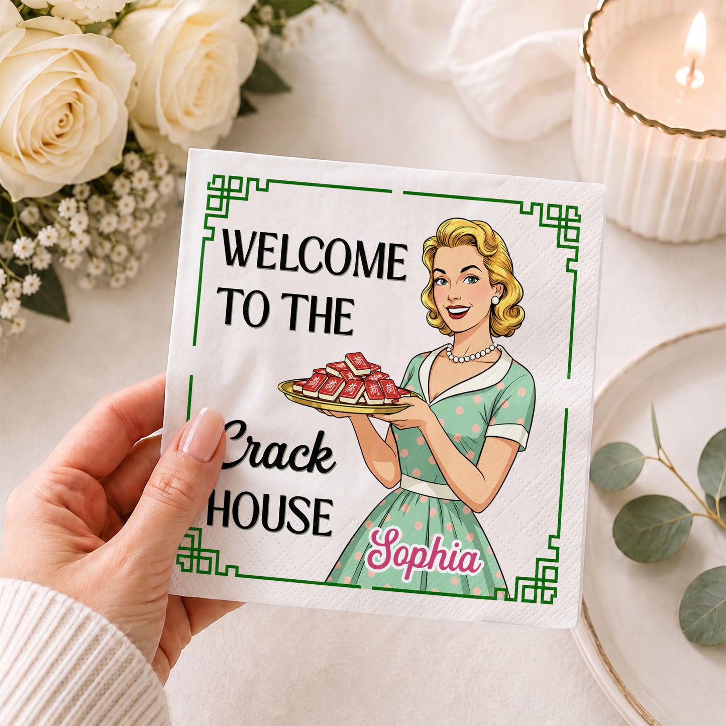 Welcome To The Crack House Retro Woman With Mahjong Tiles - Personalized Cocktail Napkins - HOB330_PENAP