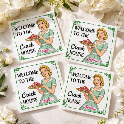 Welcome To The Crack House Retro Woman With Mahjong Tiles - Personalized Cocktail Napkins - HOB330_PENAP
