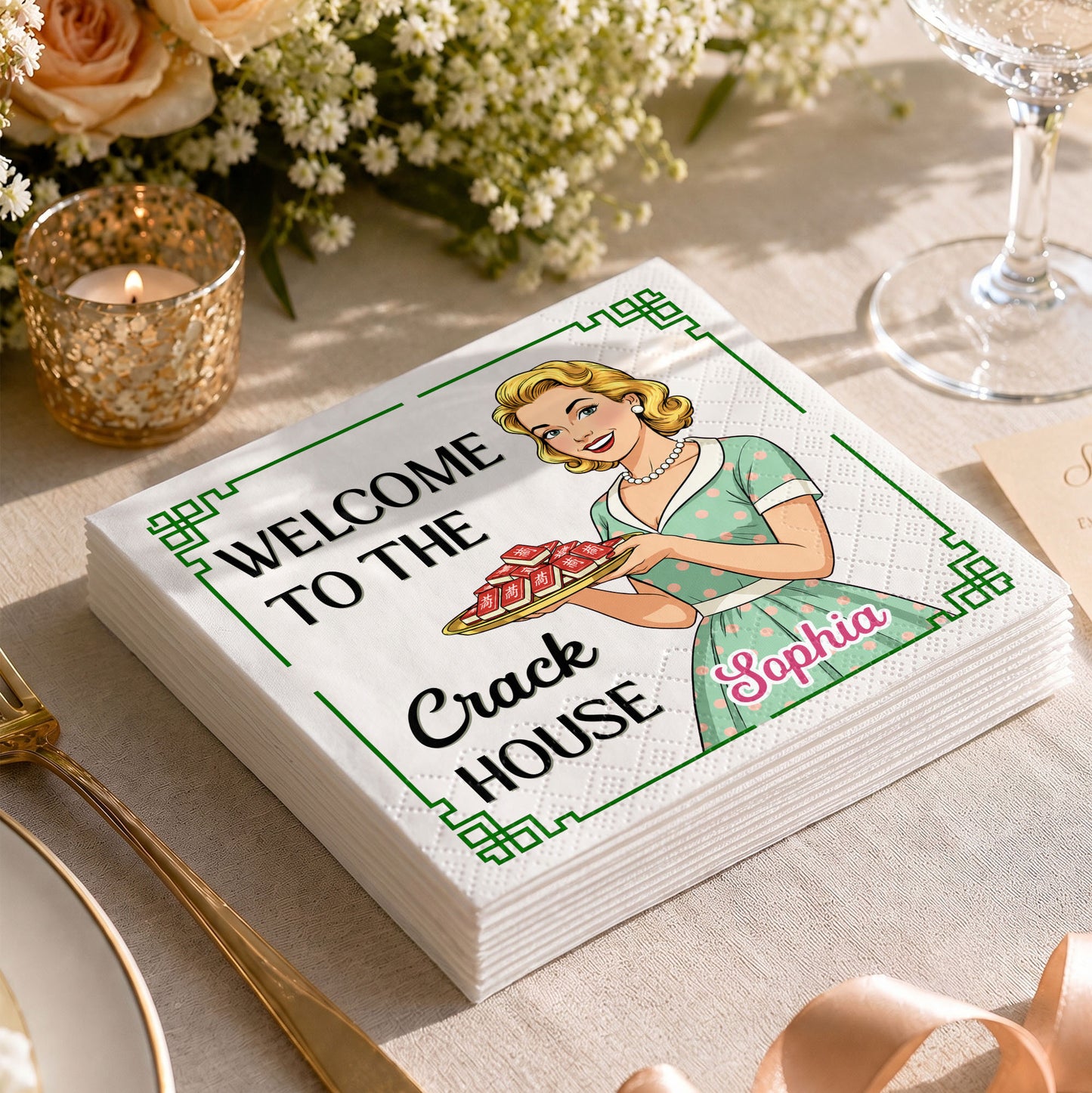 Welcome To The Crack House Retro Woman With Mahjong Tiles - Personalized Cocktail Napkins - HOB330_PENAP