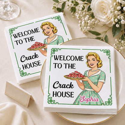Welcome To The Crack House Retro Woman With Mahjong Tiles - Personalized Cocktail Napkins - HOB330_PENAP