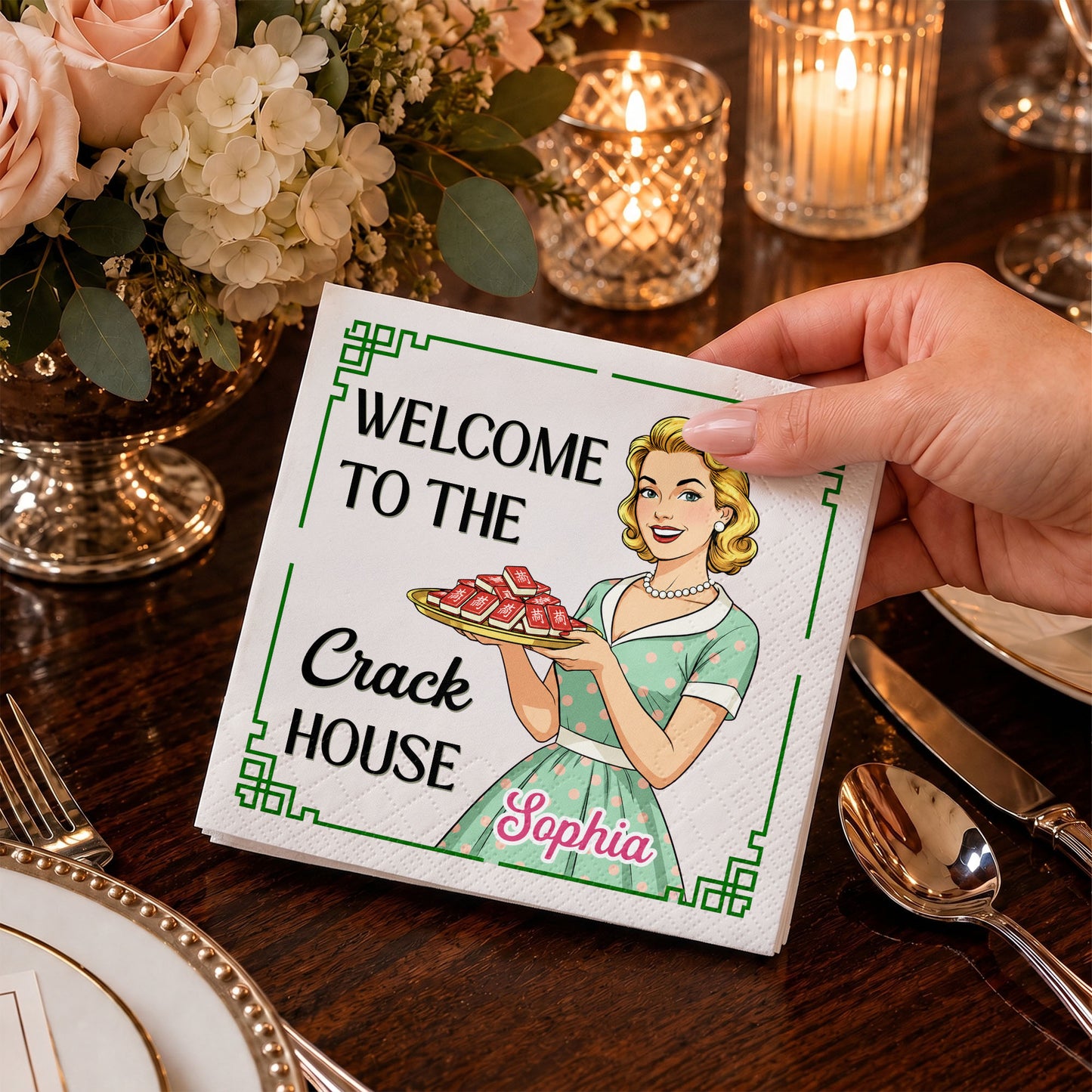 Welcome To The Crack House Retro Woman With Mahjong Tiles - Personalized Cocktail Napkins - HOB330_PENAP