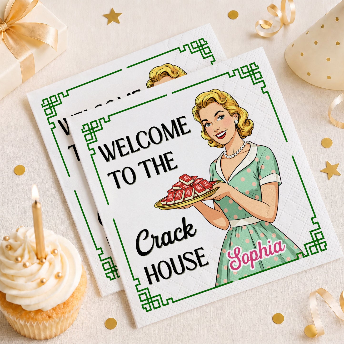 Welcome To The Crack House Retro Woman With Mahjong Tiles - Personalized Cocktail Napkins - HOB330_PENAP