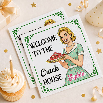 Welcome To The Crack House Retro Woman With Mahjong Tiles - Personalized Cocktail Napkins - HOB330_PENAP