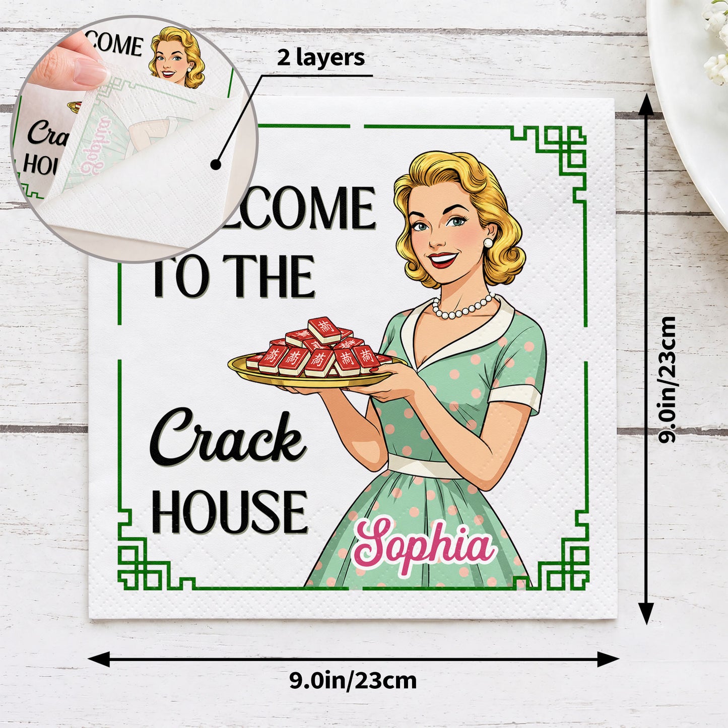Welcome To The Crack House Retro Woman With Mahjong Tiles - Personalized Cocktail Napkins - HOB330_PENAP