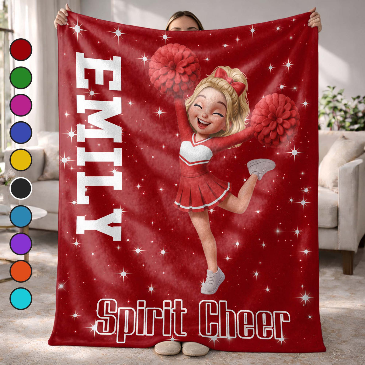Pink Panthers Custom Cheerleader Art With Pom Poms - Personalized Custom Blanket - HOB405_BLK