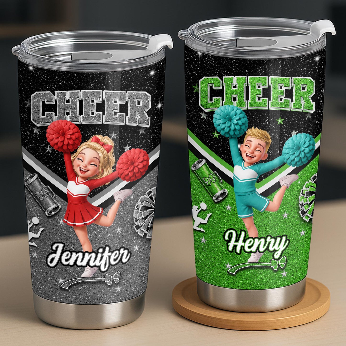 Cheer Glitter Design Personalized Cheerleader Art With Pom Poms - Personalized Custom Stainless Steel Tumbler 20oz - HOB410_USTUM