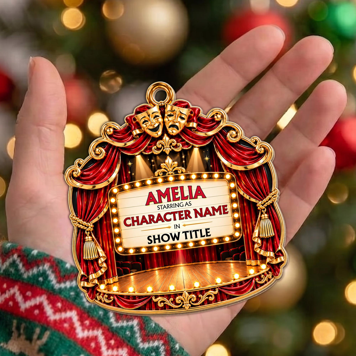 Starring As In Theatre Stage With Red Curtains And Drama Masks - Personalized Custom Wood Ornament, Custom Shaped - HOB551_WDO