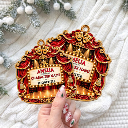 Starring As In Theatre Stage With Red Curtains And Drama Masks - Personalized Custom Wood Ornament, Custom Shaped - HOB551_WDO