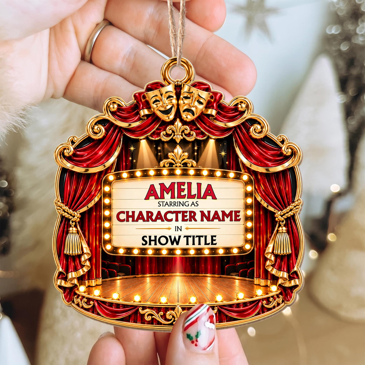 Starring As In Theatre Stage With Red Curtains And Drama Masks - Personalized Custom Wood Ornament, Custom Shaped - HOB551_WDO