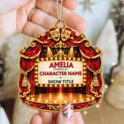 Starring As In Theatre Stage With Red Curtains And Drama Masks - Personalized Custom Wood Ornament, Custom Shaped - HOB551_WDO