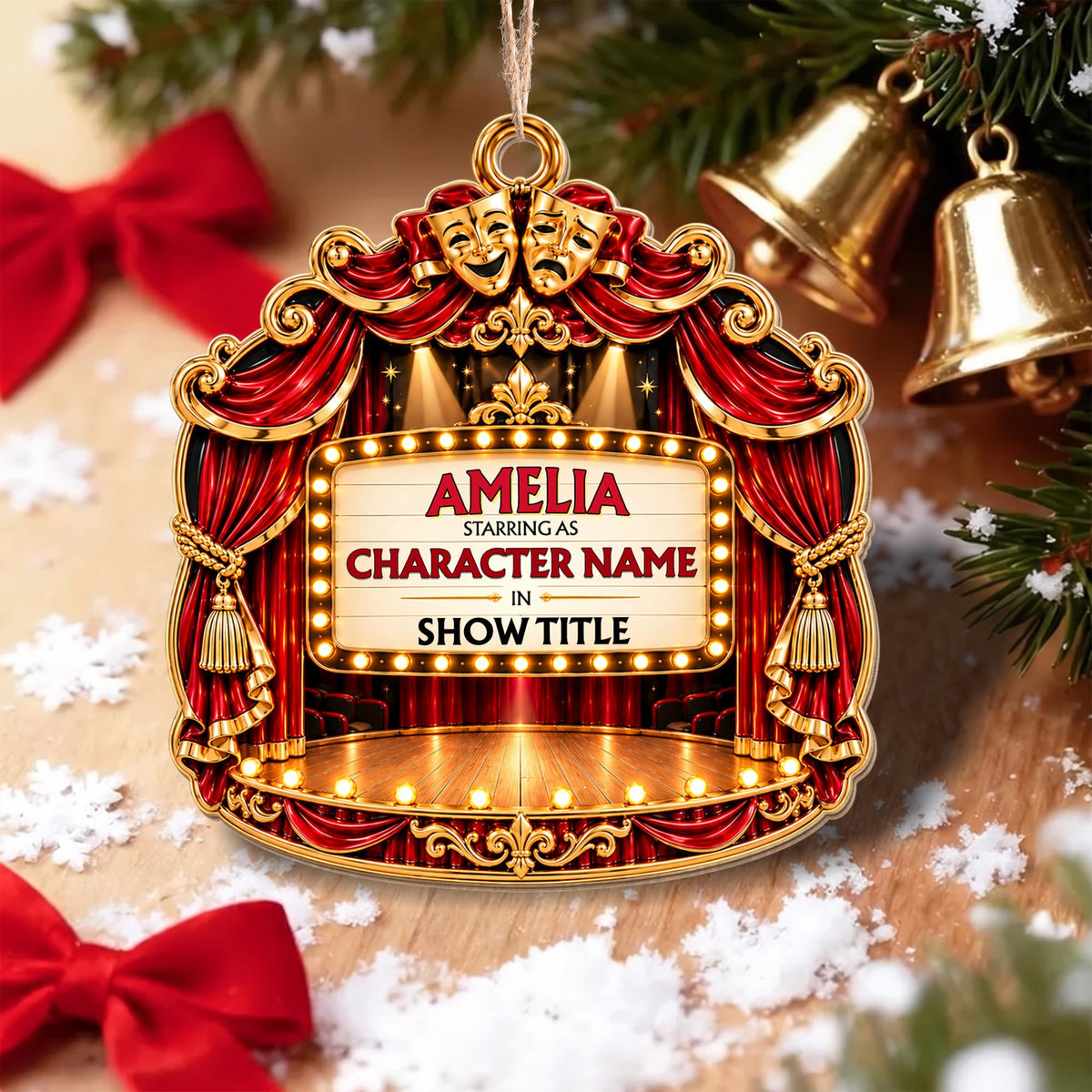 Starring As In Theatre Stage With Red Curtains And Drama Masks - Personalized Custom Wood Ornament, Custom Shaped - HOB551_WDO