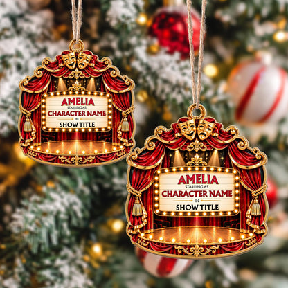 Starring As In Theatre Stage With Red Curtains And Drama Masks - Personalized Custom Wood Ornament, Custom Shaped - HOB551_WDO