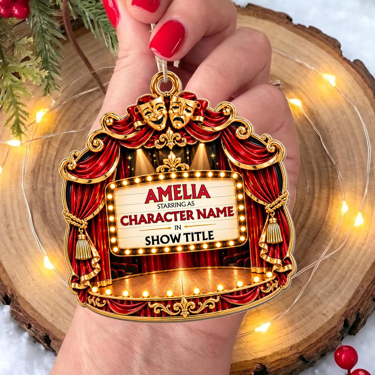 Starring As In Theatre Stage With Red Curtains And Drama Masks - Personalized Custom Wood Ornament, Custom Shaped - HOB551_WDO
