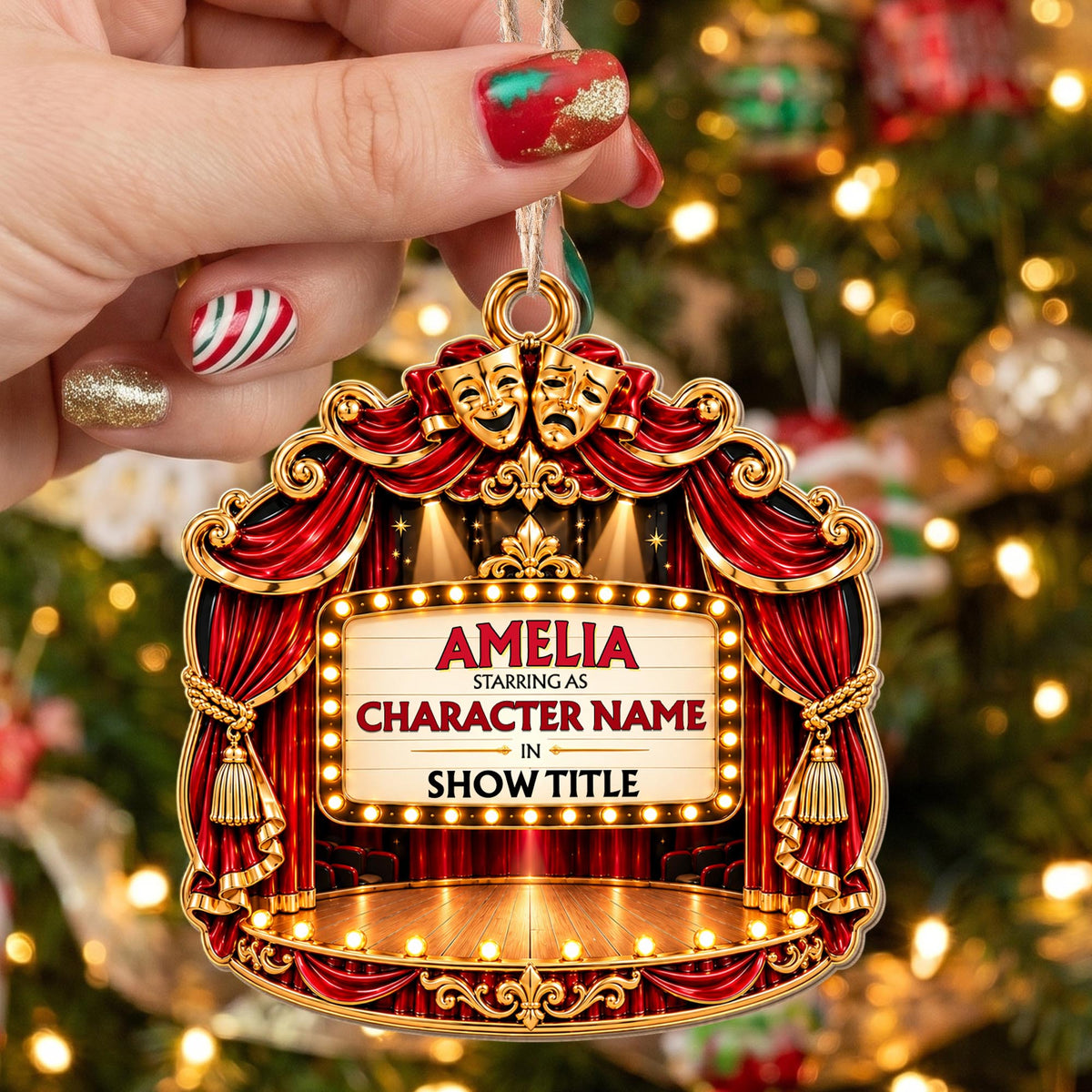 Starring As In Theatre Stage With Red Curtains And Drama Masks - Personalized Custom Wood Ornament, Custom Shaped - HOB551_WDO