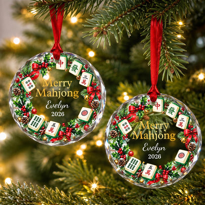 Merry Mahjong With Festive Christmas Wreath And Tiles - Personalized Custom Circle Glass Ornament - HOB627_CGOR