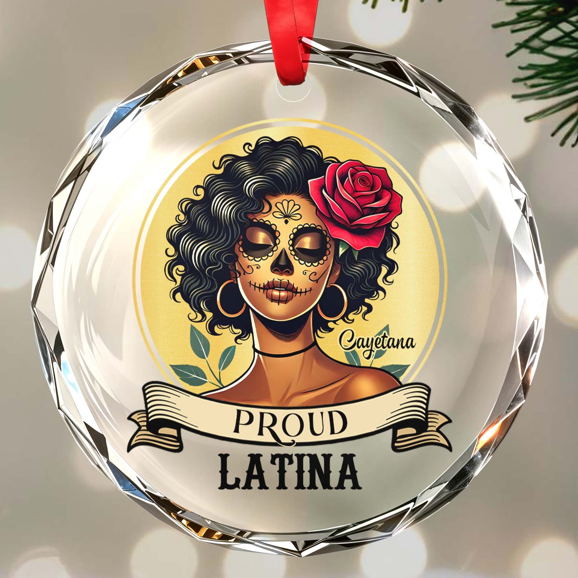 Proud Latina Ornament With Skull And Rose Design