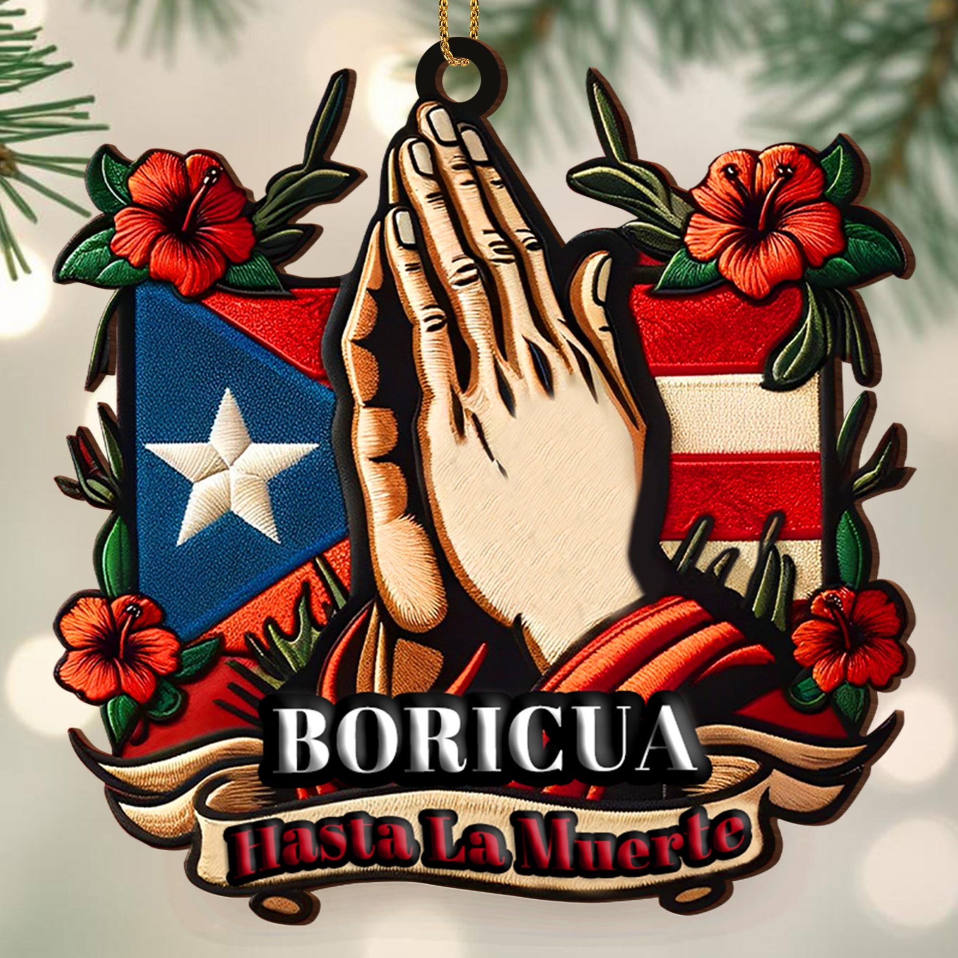 Boricua Hasta La Muerte Praying Hands Puerto Rican Flag Ornament