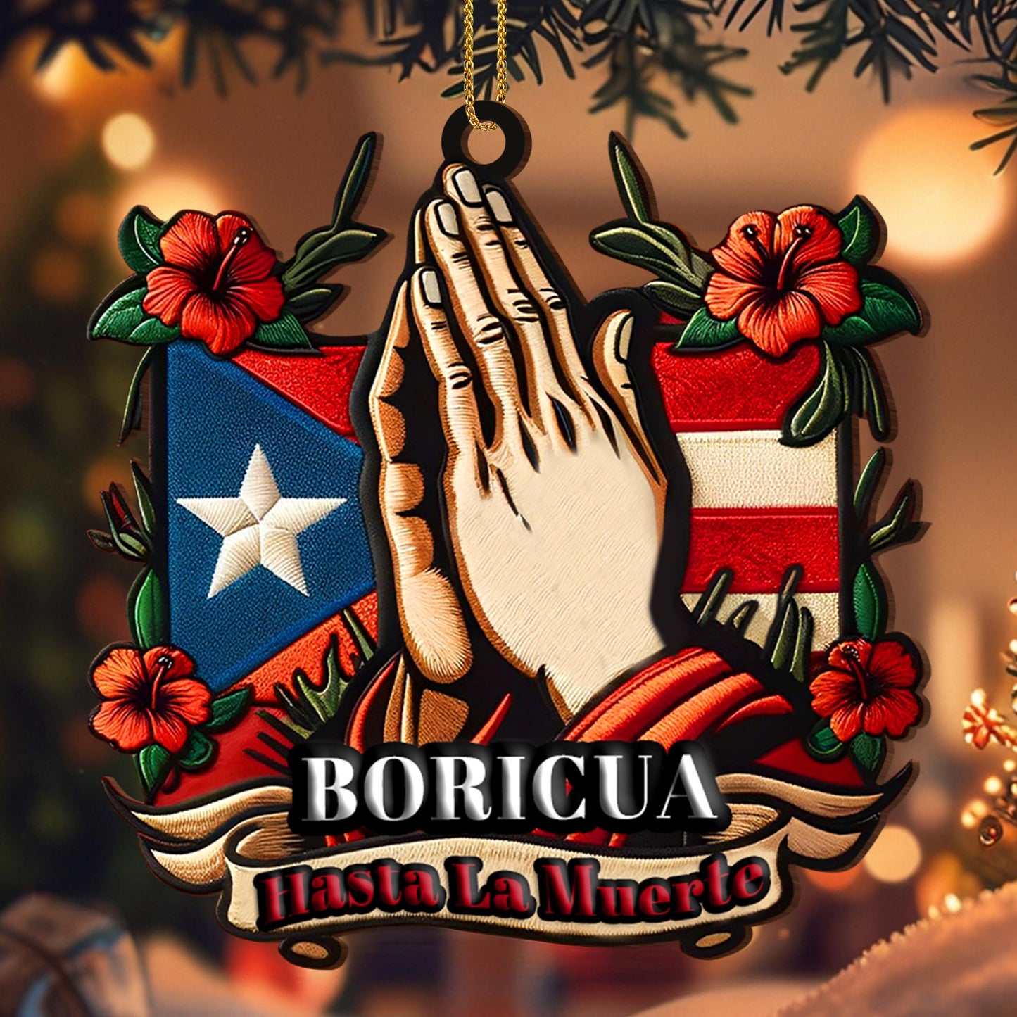 Boricua Hasta La Muerte Praying Hands Puerto Rican Flag Ornament