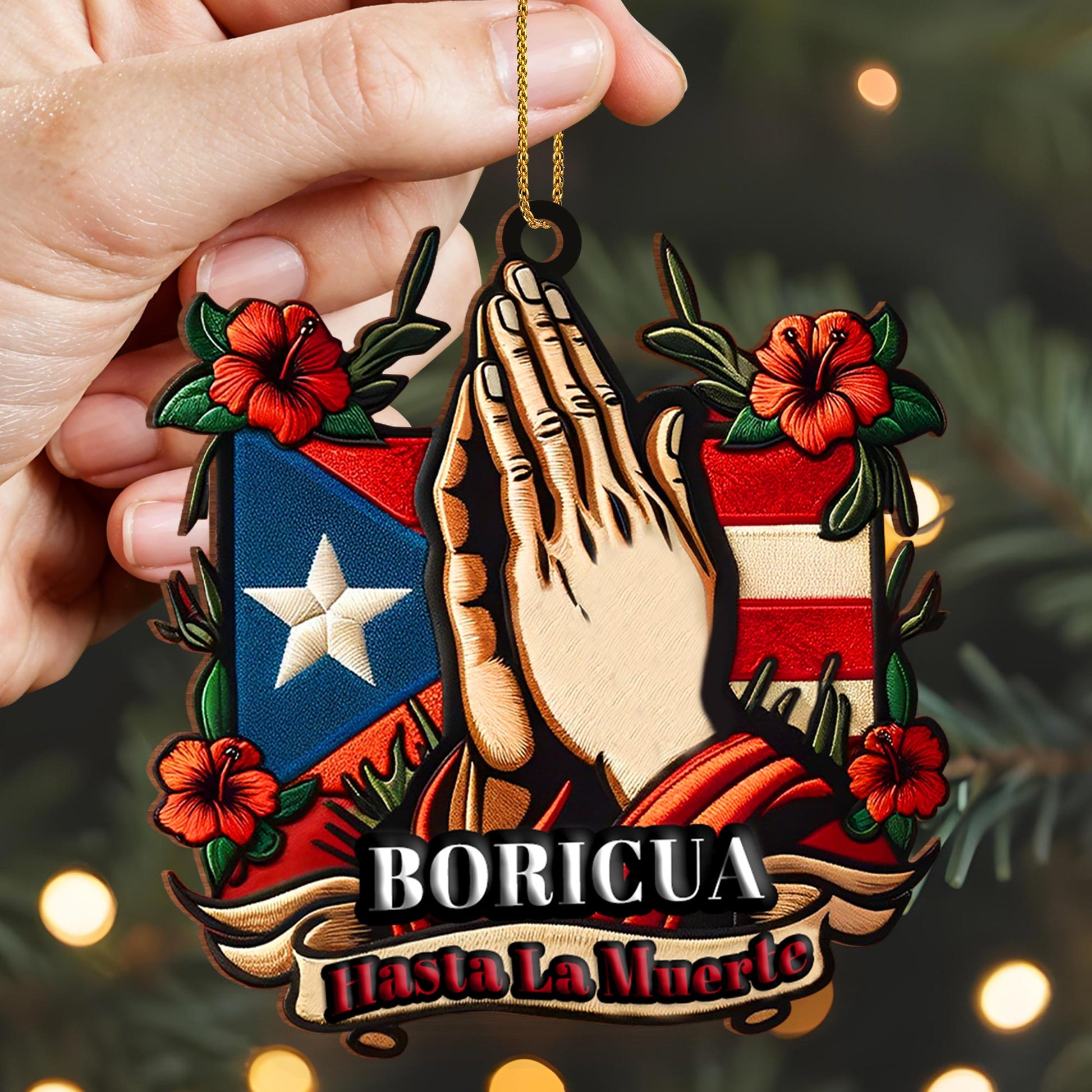 Boricua Hasta La Muerte Praying Hands Puerto Rican Flag Ornament